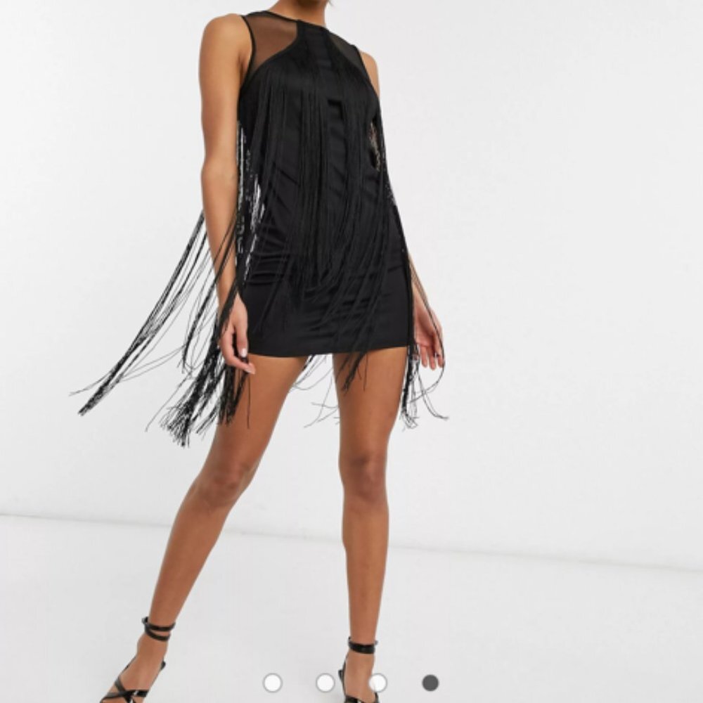 ASOS DESIGN fringe and mesh mini shift dress in black Size 4 - Picture 2 of 7